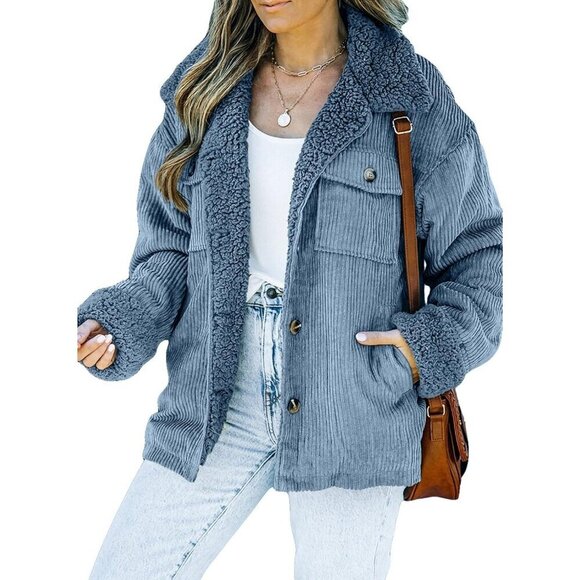 Jackets & Blazers - Women's A Sky Blue Jacket Vests Coat Fleece Fur Collar Button Down Winter Warm